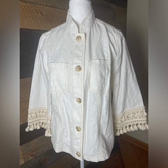 Chico's 3/4 Sleeve Linen Blend Utility Jacket Blazer Alabaster Boho Size 8 - Picture 2 of 13